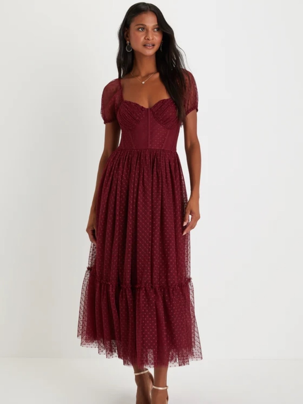 Lulu’s Sweet Amor Burgundy Tulle Swiss Dot Tiered Bustier